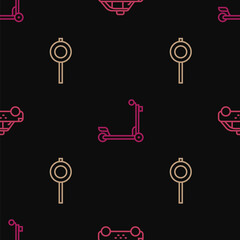 Set line Taxi car, Road traffic signpost and Scooter on seamless pattern. Vector