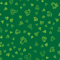 Set line Traffic cone, Tractor and on seamless pattern. Vector