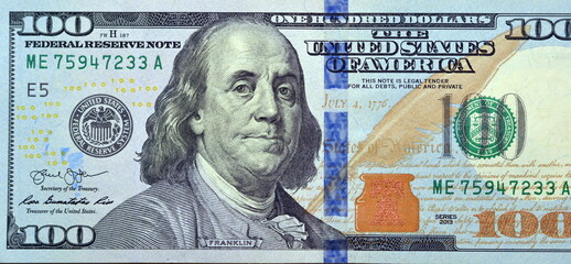 Large fragment of the Obverse side of 100 one hundred dollars bill banknote series 2013 with the...