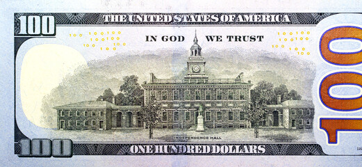 Large fragment of the reverse side of 100 one hundred dollars bill banknote series 2013 with the...