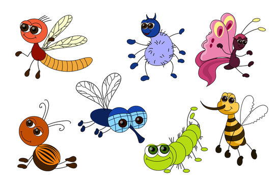Set of funny insects isolated on white background. Cartoon characters striped, spider, butterfly, beetle, fly, caterpillar, bee. Flat design. Vector illustration.