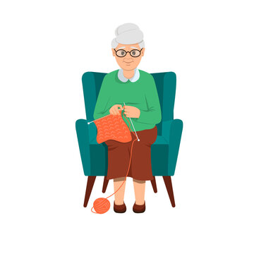Grandma sits in a soft blue chair and knits. Grandmother with glasses. A ball of wool. Needlework, pension. Isolated on a white background. Flat style. Vector illustration