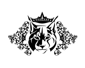 wild lynx cat wearing royal crown among rose flowers heraldic decor - black and white vector bobcat coat of arms design