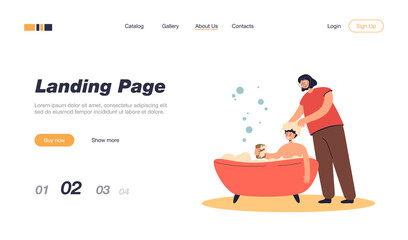 Mother bathing son and washing hair. Woman helping boy clean himself, foamy bathtub, kid holding soap flat vector illustration. Family, parenting concept for banner, website design or landing web page
