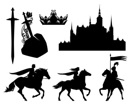 prince, princess, castle and crown with sword outlines - fairy tale scene design black and white vector silhouette set