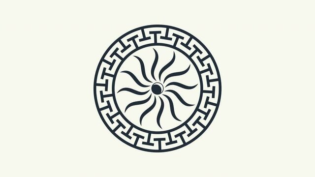 Motion graphic video. Greek circle ornament with sun rays and moon. Round greece icon with black maze frame. Ethnic animation. Meander antique ring with insignia relief of ancient goddess