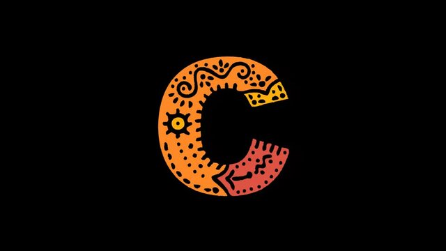 Letter C. 4K, Transparent Alpha channel. Cartoon Animation, Shake twitch effect. Ethnic ornament, national folk pattern in letter. 3 colors. Capital Letter C for ABC education, erudition, game.