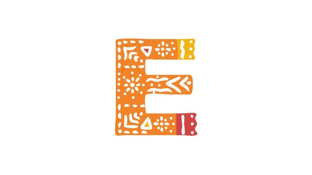 Letter E. Ethnic ornament, national pattern in letter. 3 colors. 4K video. Isolated on white background. Cartoon Animation. Capital Letter E for education, erudition, ABC, software, interface game.