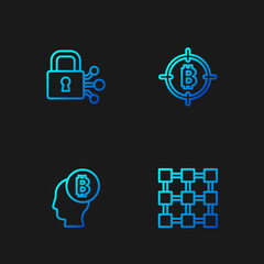 Set line Blockchain technology, Bitcoin think, Lock with bitcoin and the target. Gradient color icons. Vector