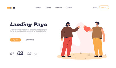 Man giving cartoon heart to woman. Smiling male character confessing feelings flat vector illustration. Love, romance, valentine, relationship concept for banner, website design or landing web page