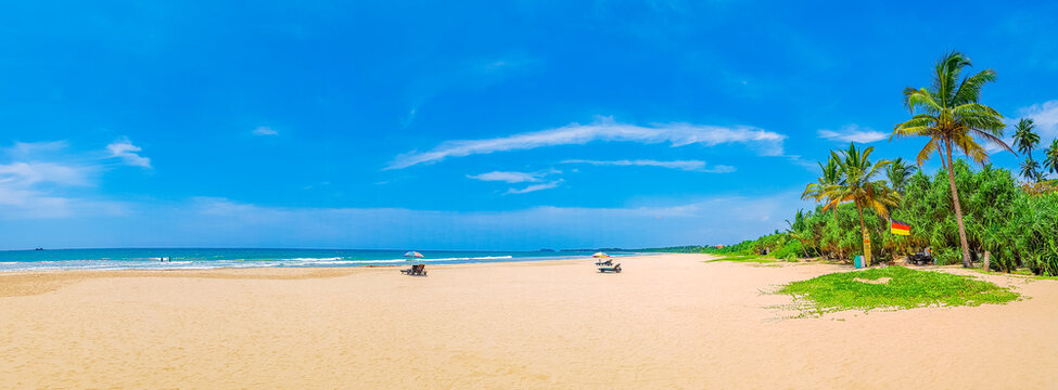 Beautiful sunny landscape panorama from Bentota Beach on Sri Lanka.