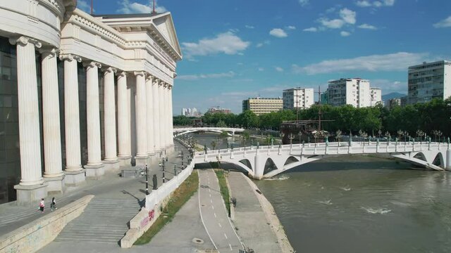 Aerial view of Archeology museum in Macedonian capital, Skopje along Vardar river