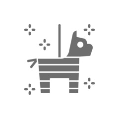 Mexican pinata horse with confetti and candy grey icon.