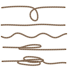 Braun natural jute rope set vector illustration. Twine collection isolated on white background. Packthread clipart.