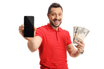 Young man holding money and a smartphone