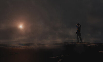 Obraz premium Girl, young woman walking in dark foggy landscape. Film look background, 3D illustration