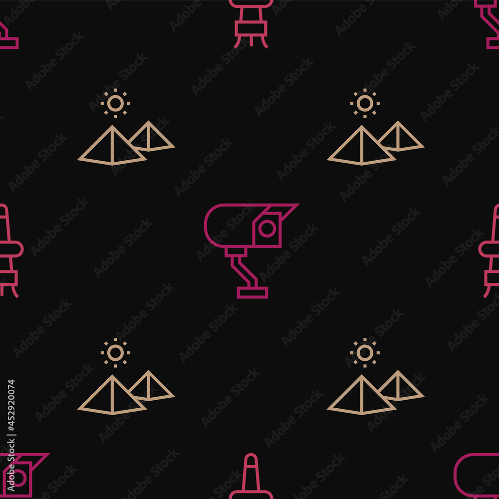 Aufkleber set line torch flame, egypt pyramids and security camera on seamless pattern. vector