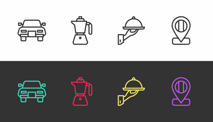 Set line Car, Coffee moca pot, Covered with tray food and Location flag Italy on black and white. Vector