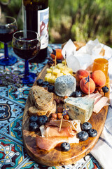 Cheese platter with different cow and goat cheeses, meat, nuts, Summer fruits and berries, jam and rye bread on wooden board.with red wine on little rustic table in the garden.