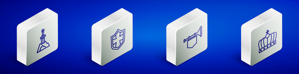 Set Isometric line Sword in the stone, Shield, Trumpet with flag and King crown icon. Vector