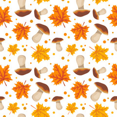 Seamless pattern with mushrooms and orange maple leaves. Bright autumn print with gifts of nature and dots