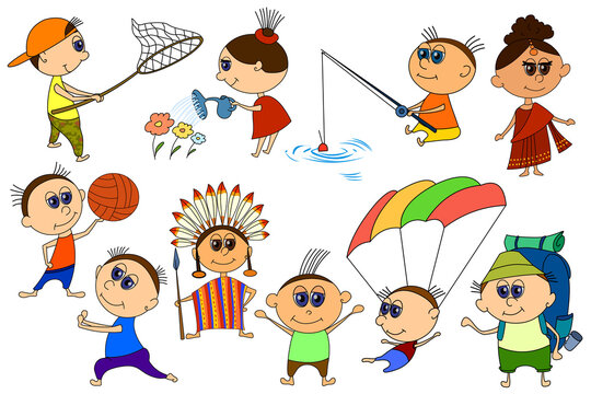Set of funny people characters isolated on white background. The characters have fun, play sports, fish, travel, garden, parachute. Colorful image in flat design with black outline. Vector.
