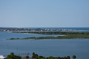 View of the river in the summer with city in the background