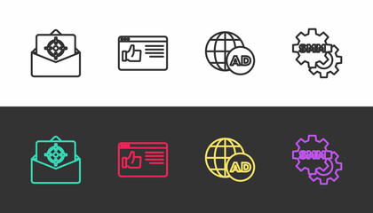 Set line Mail and e-mail, Browser window, Advertising and Social media marketing on black and white. Vector