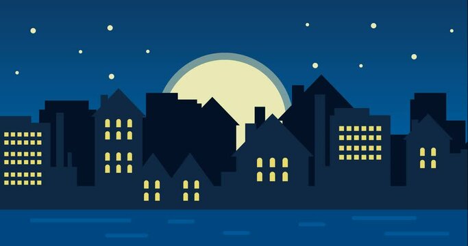 cool animation : background in cartoon style modern buildings in urban area at night with moonlight and stars in the sky