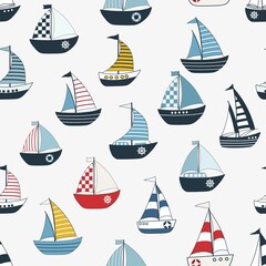 Marine seamless pattern with cartoon boats