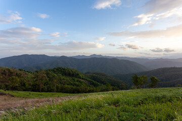 Fototapeta premium agricultural landscape of hill tribes green grass evening sky On top of a hill in Chiang Mai, Thailand. Background image. There is space for the text above.
