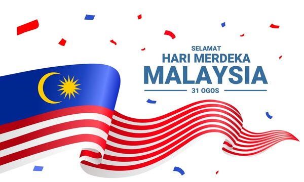 Vector illustration of a wavy flag, with the text "Selamat Hari Merdeka Malaysia, 31 Ogos", which means Happy Malaysian Independence Day, 31 August.