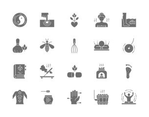 Set of Alternative Medicine Grey Icons. Bathhouse, Meditation, Yoga and more.