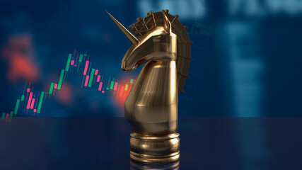 The gold  unicorn chess and business chart for start up concept 3d rendering © niphon