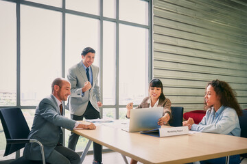 Businesspeople team are teleconference meeting with laptop to partner by technology network service