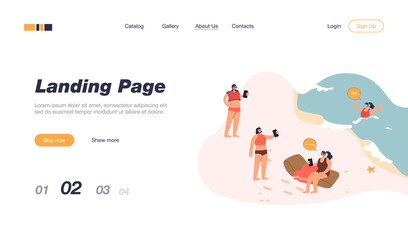 Fototapeta premium People on beach ignoring drowning woman. Female characters livestreaming on seashore while girl asking for help flat vector illustration. Addiction, social media concept for banner, website design