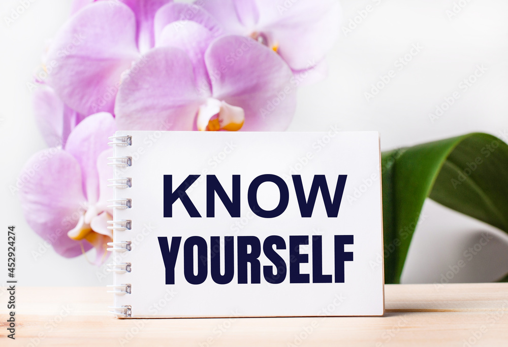 Poster white blank notebook with the text know yourself on the table against the background of a light pink