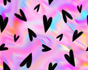Abstract Hand Drawing Cute Hearts Seamless Pattern with Liquid Tie Dye Batik Gradient Background