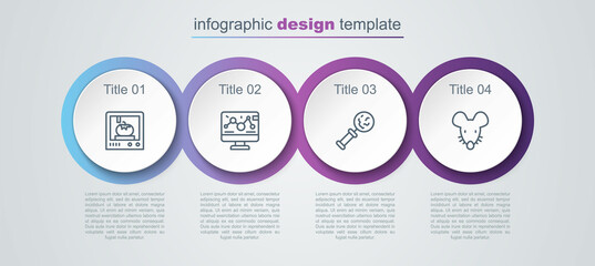 Set line 3D printing technology, Genetic engineering modification, Microorganisms under magnifier and Experimental mouse. Business infographic template. Vector