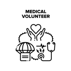 Medical Volunteer Vector Icon Concept. Medical Volunteer Helping Patient With Medicaments And Free Health Examination In Hospital. Social Worker Healthcare Protection Occupation Black Illustration