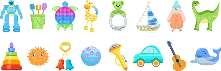 Set of children's toys. Vector isolated illustration. Cartoon collection of elements.