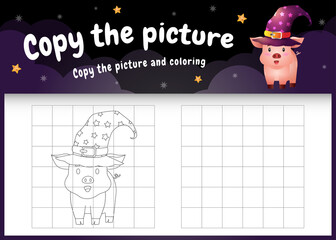 copy the picture kids game and coloring page with a cute pig using halloween costume
