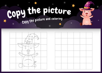 copy the picture kids game and coloring page with a cute pig using halloween costume