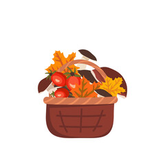 Basket with mushrooms, maple leaves and rose hips. Autumn harvest in the forest