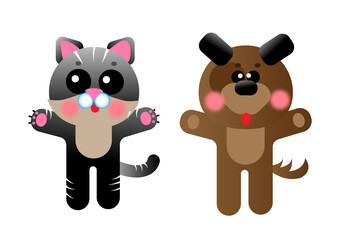 Funny Animal illustration Icon Set cat and dog