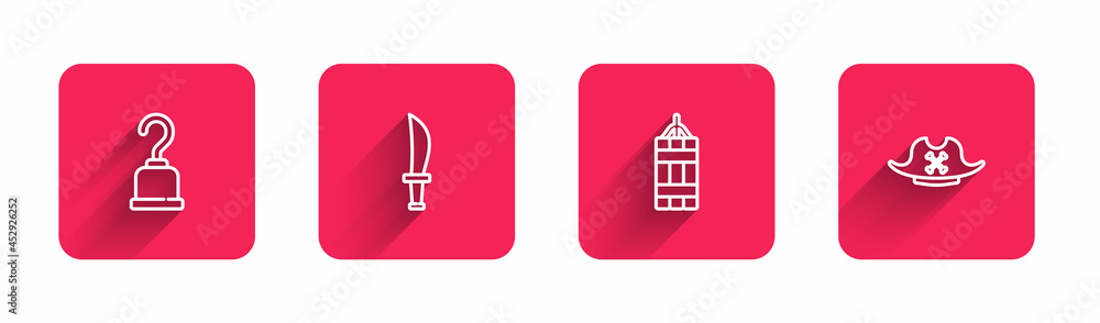 Poster set line pirate hook, sword, dynamite bomb and hat with long shadow. red square button. vector