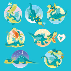 Collection of vector illustrations. The little dragon sings, has fun, plays, sleeps, congratulates, walks. Design for print, stickers.