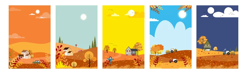 Gardinen Autumn landscape set with copy space for text,Vector cute cartoon Fall season background.Autumnal lanscape forest and hills with leaves falling from tree, Collection for banner, poster,design template © Anchalee