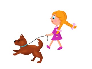 Baby girl doggie pet. Child care, upbringing, dog training. Walking on a leash, jogging together, garbage collection, washing pets. Flat illustration