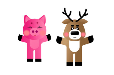 Funny Animal illustration Icon Set pig and deer